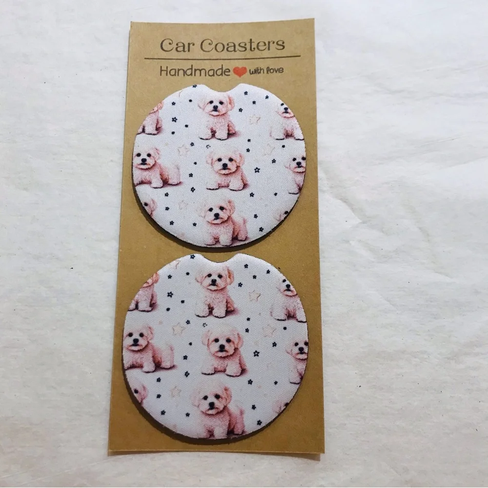 Handmade Bichon Frise With Stars Neoprene Car Coasters Set